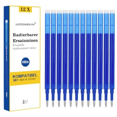Abbildung von [12 Stück] LVZONGXIN Radierbare Ersatzmine, Kompatibel mit Pilot FriXion Ball &amp; Clicker Eberhard Faber animal erase it, Spitze 0,7 mm,Nachfüllminen radierbarer Tinte (BLAU, 12)