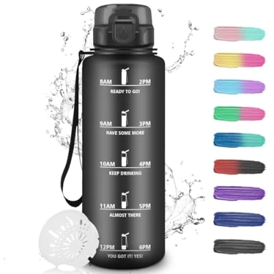 Abbildung von Trinkflasche, Trinkflasche 1.5 Liter, Sport mit Filter, Wasserflasche Motivierendem Slogan, Uhrzeit, für Fitness, Camping, Outdoor, Wandern, Running, Yoga, Grün Rosa