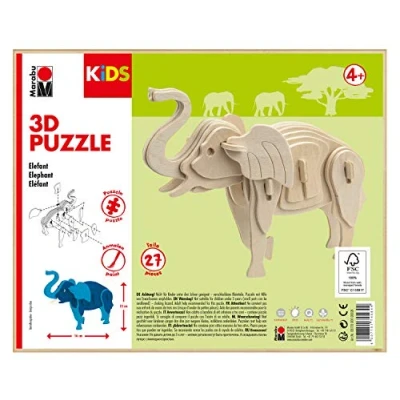Abbildung von Marabu 317000000024 KiDS 3D Holzpuzzle Elefant, mit 27 Puzzleteilen aus FSC zertifiziertem Holz, ca. 16 x 13 cm groß, einfache Stecktechnik, zum individuellen Bemalen und Gestalten