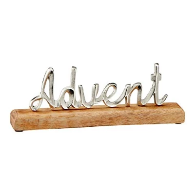 Abbildung von Cepewa Schriftzug Advent Weihnachten Alu Silber Mangoholz Natur Holzbase ca. 2,5 x 30 5 cm (HxBxT)