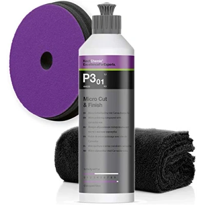 Abbildung von detailmate Koch Chemie Politur Set: Micro Cut &amp; Finish P3.01, 250ml + Pad, 150x23mm Mikrofasertuch 550GSM, 40x40cm