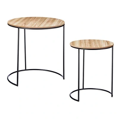 Abbildung von 2er Set Beistelltisch Industrie Design aus Metall mit Holz Ø 34cm x H 34 / 44cm 44 cm Wohnzimmertisch Tischset