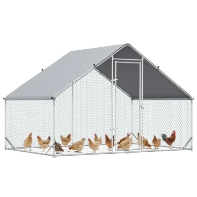 Abbildung von PawHut Hühnerstall aus Stahl, 300 x 200 cm, mit Abdeckung, Tür, für 4 6 Hühner, Kleintiere, Silber+Grau