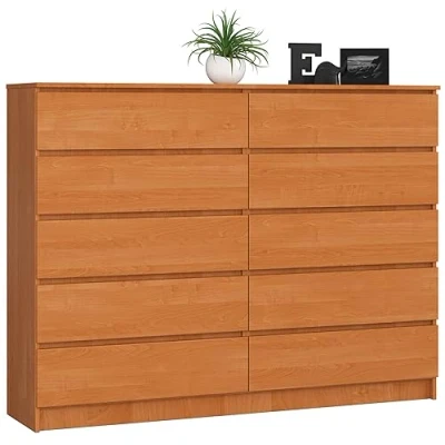 Abbildung von AKORD Kommode K 160 mit 10 (2 x 5) Schubladen für das Wohnzimmer Schlafzimmer Schrank Büro Arbeitszimmer Modernes Funktionales Design B160 H121 T40 cm, Gewicht 80kg Erle