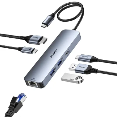 Abbildung von BENFEI 6IN1 USB C Hub mit HDMI 4k@60HZ/PD 100W/ Gigabit Ethernet/ 1*USB C+2*USB A Datenports 5Gbps, Dock Adapter Multiportadapter für MacBook Pro/Air iPad Pro iMac iPhone 15 Pro/Pro Max