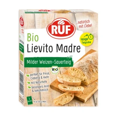 Abbildung von RUF Bio Lievito Madre Sauerteig, milder Weizen getrocknete Natur Hefe aus Mehl Typ 00, lange Teigführung für Ciabatta, Pinsa, Pizza Teig, 3x35g