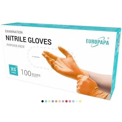 Abbildung von EUROPAPA® 100x Nitrilhandschuhe Box Einweghandschuhe, Einmalhandschuhe, Untersuchungshandschuhe, Nitril Handschuhe, puderfrei, ohne Latex, unsteril, latexfrei, disposible gloves (XS, Orange)