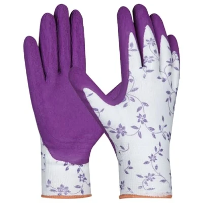 Abbildung von Gebol Flower lila Größe XS (Gr 6) Damen Gartenhandschuh in den Trendfarben violett Arbeitshandschuh mit Blumenmuster weiche Latex Beschichtung für guten Grip 1 Paar