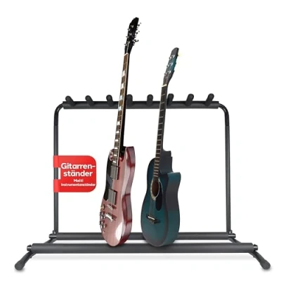 Abbildung von Pyle Gitarrenständer Guitar Stand, 7 Space Faltbarer Mehrfach, Bass ständer, für Akustikgitarre, E Gitarre &amp; Gitarrentasche, Tragbarer Gitarrenstaender mit Schaumstoffpolsterung