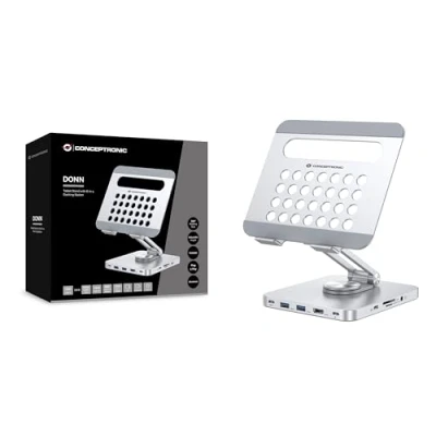 Abbildung von CONCEPTRONIC DONN26G Tablet Ständer mit 8 in 1 USB 3.2 Gen Dockingstation, 360 drehbarer Sockel, zusammenklappbar, einstellbare Höhe