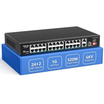 Abbildung von 24 Port PoE Switch mit 2 Uplink Gigabit Ports &amp; 1 SFP, VIMIN 27 Unmanaged 10/100Mbps Netzwerk Ports, AI Watchdog, VLAN, Verlängerung 250m, unterstützt IEEE802.3af/at