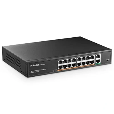 Abbildung von MokerLink 16 Port Gigabit PoE Switch, 2 Uplink, 250W IEEE802.3af/at, Nicht Verwalteter Rackmount Plug and Play Ethernet Switch