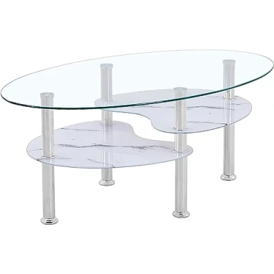 Abbildung von Euro Tische Couchtisch Glas mit 8mm Sicherheitsglas &amp; Facettenschliff Glastisch perfekt geeignet als Beistelltisch/Wohnzimmertisch (98x58x42 cm) (Klarglas Marmor weiß Ablage)