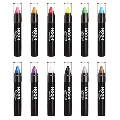 Abbildung von Moon Creations Gesichtsfarbesstift Körperkreide, 12er Set, 3,2 g, schweißfeste und wasserbeständige Gesichtsfarbe, tierversuchsfrei, für Kostüme, Feste, Halloween Kinder, Erwachsene
