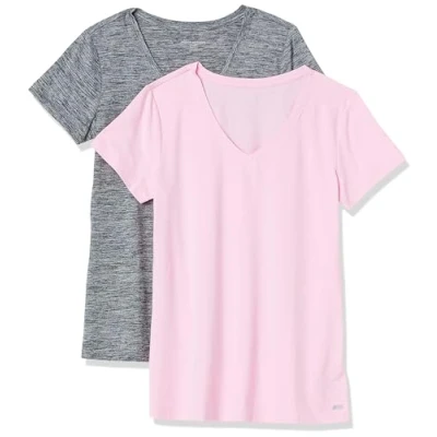 Abbildung von Amazon Essentials Damen Tech Stretch T Shirt mit kurzen Ärmeln und V Ausschnitt (erhältlich in Übergröße), 2er Pack, Grau Space dye/Hellrosa, XXL