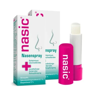 Abbildung von nasic Nasenspray mit dem Wirkplus Abschwellendes &amp; wundheilungsförderndes Schnupfenspray für Erwachsene Schulkinder Xylometazolin Dexpanthenol Sparset 2 x 15 ml inkl. Lippenpflegestift