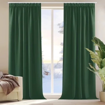 Abbildung von Deconovo Vorhang Blickdicht Verdunkelung Kinderzimmer Dicke Thermogardine Kälteschutz warm Hitzeschutz, 214x132 cm(HöhexBreite), Waldgrün, 2er Set