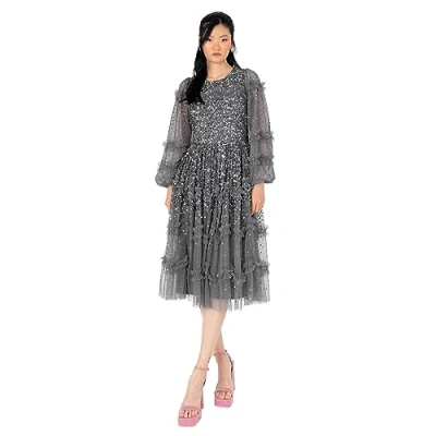 Abbildung von Maya Deluxe Women&#039;s Midi Dress Ladies Long Sleeve Sequin Embellished Ruffle for Wedding Guest Bridesmaid Occasion Evening Ball Gown, Charcoal, 34
