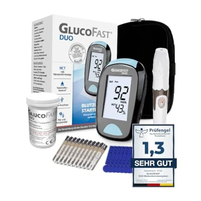 Abbildung von GLUCOFAST Blutzuckermessgerät DUO Maßeinheit in MG, Starterset, Ink. 10 Tetsteifen, Lanzetten und Lanzettiergerät, Blutzucker Hämatokritwert mit einer Messung bestimmen