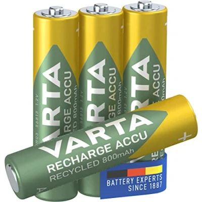 Abbildung von VARTA Batterien AAA, wiederaufladbar, 4 Stück, Recharge Accu Recycled, Akku, 800 mAh Ni MH, aus 21% recyceltem Material, vorgeladen, sofort einsatzbereit