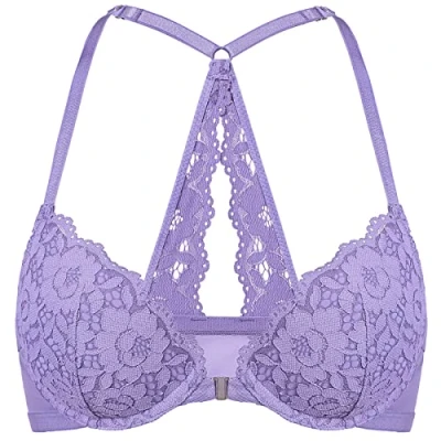 Abbildung von DOBREVA Damen Vorderverschluss BH mit Bügel Push Up Spitzen Neckholder BHS Racerback Tiefer Ausschnitt Gepolsterter Seerose Lila 75E