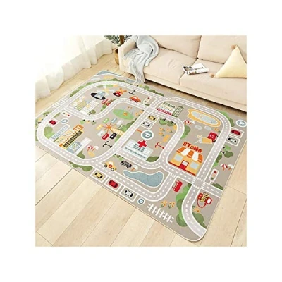 Abbildung von TYKTZXY Kinderteppich Spielen Teppich Straße Auto Tier Universum Blau Grün Grau(120x160cm,47x63inch)