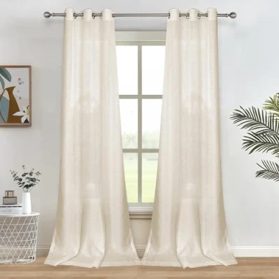 Abbildung von Melodieux Voile Vorhang, Kunstleinen, halbtransparent, mit Ringen, für Schlafzimmer, Wohnzimmer, Fenster, Beige, 140 x 137 cm, 2 Paneele