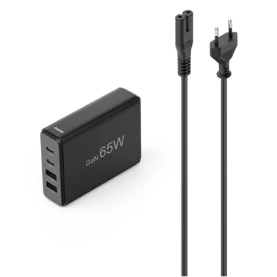 Abbildung von Hama 4 Fach USB GaN Ladestation Schnellladegerät 65W (Mehrfach C PD/USB A, Schnell Ladegerät Multiport Charger mit Kabel, für MacBook/Laptop, Handy, iPhone, Samsung etc.) schwarz