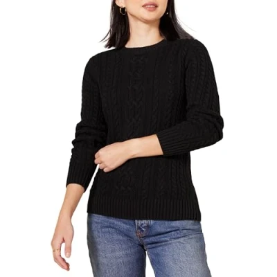 Abbildung von Amazon Essentials Damen Fisherman Cable Langarm Pullover mit Rundhalsausschnitt (in Übergröße erhältlich), Schwarz, S