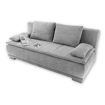 Abbildung von Stella Trading LUIGI Bequemes Schlafsofa mit Bettkasten, Stoffbezug Silber Klappbares Sofa Schlaffunktion und fest vernähtem Schaumtopper 211 x 93 103 cm (B/H/T)
