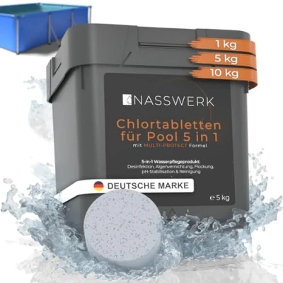 Abbildung von NASSWERK® Chlortabletten für Pool 200g (5kg) Pooltabs Multitabs 5 in 1 mit Chlor, Algizid, pH Stabilisator, Flockungsmittel &amp; Reiniger Langzeit
