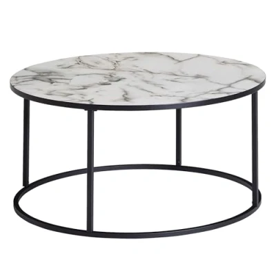 Abbildung von FINEBUY Couchtisch FB59952 (80x40x80 cm Marmor Optik Weiß, Sofatisch Rund), Wohnzimmertisch mit Metall Gestell, Kaffeetisch