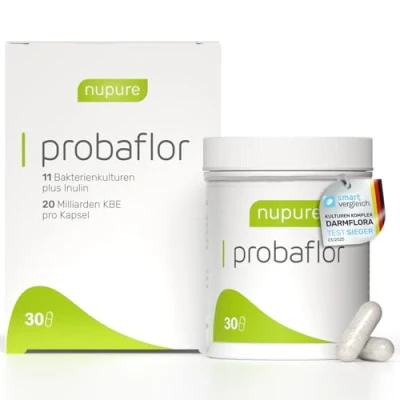 Abbildung von Nupure® Probaflor 30 Kapseln, Mit 20 Mrd KBE pro Tagedosis, 11 Spezielle Bakterienstämme, Inulin und Lactobacillus salivarius SP2, Magensaftresistente Kapselhülle