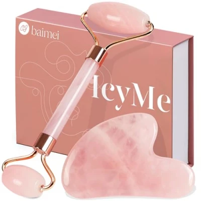 Abbildung von BAIMEI Gua Sha Stein und Gesichtsroller Rosenquarz，Guasha Set Beauty Massager, Jade Roller, Verbesserung Von Feinen Linien，Geschenk für Frauen