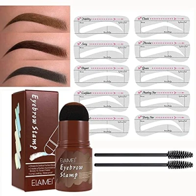 Abbildung von Augenbrauenstempel wasserdicht, Wiederverwendbares Makeup Brow Stamp Brauenpuder Schablonen Augenbrauen Stift Pinsel Kit，1 Step Shaping Kit 10 Stempel(Dunkelbraun)