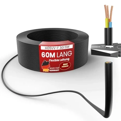 Abbildung von MAS Premium Von 5 bis 100m Kunststoffschlauchleitung H05VV F 2, 3 oder x0,75; x1; x1,5 x2,5 und 4G0,75 Flexible Leitung Kabel Gerätekabel (H05VV 3G1 SW, 60m)