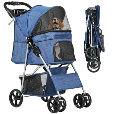 Abbildung von YITAHOME Haustierbuggy für kleine bis mittelgroße Hunde, 4 Rad Hundebuggy mit Aufbewahrungskorb, faltbarer Haustier Reisewagen Getränkehalter und Aufbewahrungskorb (Blau)