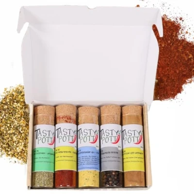 Abbildung von Tasty Pott Dank Box I Bio Gewürz Set Geschenk Idee für Familie und Freunde Würzig Spices fertig Gewürzmischungen im Glas (Beliebte Gewürze, Alles Gute!)
