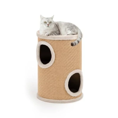 Abbildung von lionto Kratztonne aus Jute mit Spielball &amp; Plüschrand, Höhe 50 cm, Stabiler Kratzbaum für kleine große Katzen, perfekte Krallenpflege Beschäftigung, viele Versteckmöglichkeiten, Ø 36 beige