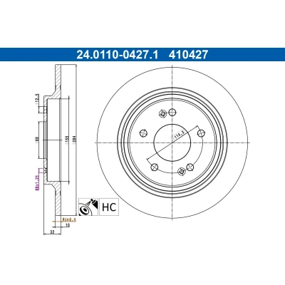 Abbildung von ATE Bremsscheibe HYUNDAI: Kona SUV 284,0mm 10,0mm 5 114,3mm voll beschichtet hochgekohlt 24.0110 0427.1 58411J9500 Bremsscheiben, Scheibenbremsen