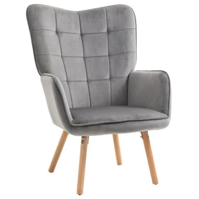 Abbildung von HOMCOM Relaxsessel Sessel im Retrodesign, Lesesessel, Samtoptik, 71 cm x 76 101 (Set, 1 St., Essstuhl), mit Rückenlehnen, Buchenholz, Grau Natur