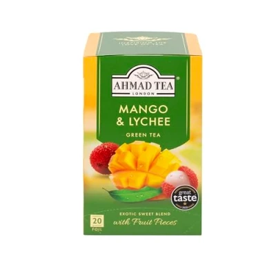 Abbildung von Ahmad Tea Mango &amp; Lychee Grüner Tee mit und Litschi Fruchtstücken Einzeln Verpackte, Aromaversiegelte Teebeutel 2g pro Portion 20 Band