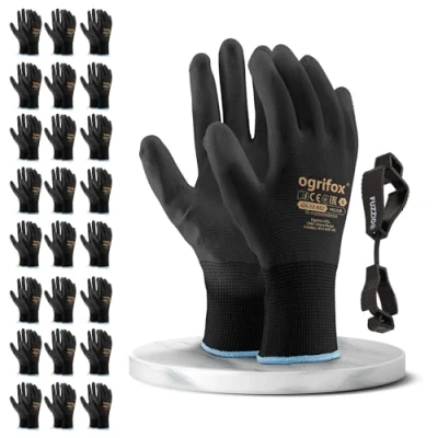 Abbildung von FUZZIO 24 Paar Ogrifox PU besichtet Arbeitshandschuhe Handschuh Klammer (L 9, Schwarz)