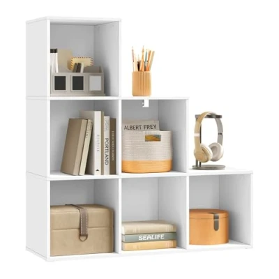 Abbildung von WOLTU Bücherregal mit 6 Fächern, Würfelregal Treppenregal Stufenregal Standregal, für Wohnzimmer Schlafzimmer Kinderzimmer Büro, weiß, 90,5x90,5x30 cm, SK061ws