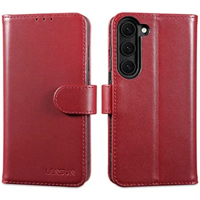 Abbildung von LENSUN Echtleder Hülle für Samsung Galaxy S23, Handyhülle [Echtes Leder] [Kartenfach] [RFID Schutz] Lederhülle Handytasche S23 5G Weinrot