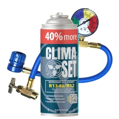 Abbildung von ClimaSet R134a kältemittel Ersatzgas Kühlmittel Klima Auto Gasflasche 1x235 g Klimaanlage Nachfüllset Wohnmobil schlauch Manometer ECO