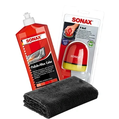 Abbildung von detailmate SONAX Hand Polier Set: Polish+Wax Color rot 500ml Politur + P Ball ergonomischer Edgeless Superflausch Mikrofaser Poliertuch 40x40cm, 550GSM