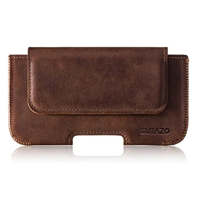 Abbildung von SURAZO Premium 100% Echtleder Gürteltasche für Apple iPhone 15 Plus Hülle Leder Horizontale Holster Schutzhülle [Vollleder Handyhülle] Gürtel Tasche Case Cover Lederhülle (Nussbraun)