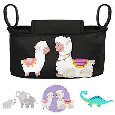 Abbildung von GLÜCKSWOLKE Kinderwagen Tasche in Grau oder Schwarz I 6 Motive Kinderwagentasche &amp; Buggy Organizer, mit Getränkehalter und Feuchttücherfach