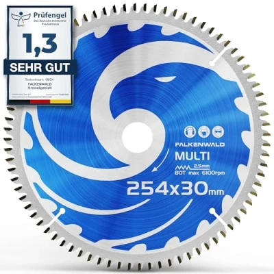 Abbildung von FALKENWALD ® Sägeblatt 254x30 80 Zähne ideal für Holz, Metall &amp; Alu Multi Kreissägeblatt 254 x 30 kompatibel mit Bosch GTS 10 XC Professional Metabo KGS M